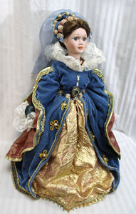 Porcelain Renaissance Doll w/ Elaborate Velvet Dress - 14.5" w/ Stand