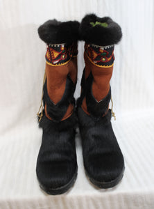 Tecnica (Italy) - Black & Brown w/ Embroidery, Leather & Goat Fur Après Ski / Winter Boots - Size 9 (see Note)