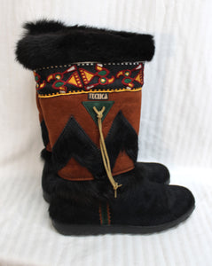 Tecnica (Italy) - Black & Brown w/ Embroidery, Leather & Goat Fur Après Ski / Winter Boots - Size 9 (see Note)