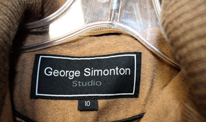 George Simonton Studio - Fawn Brown Wool Blend Hooded Coat w/ Fox Fur Trim, Gold Toggle Closures - Size 10