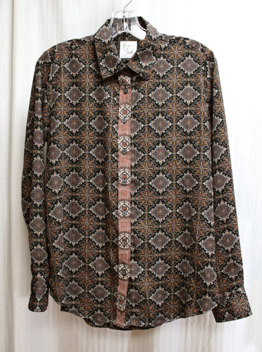 The Shirt, Rochelle Behrens - Black, Gray w/ Accent Colors Print - Button Front Shirt - Size S