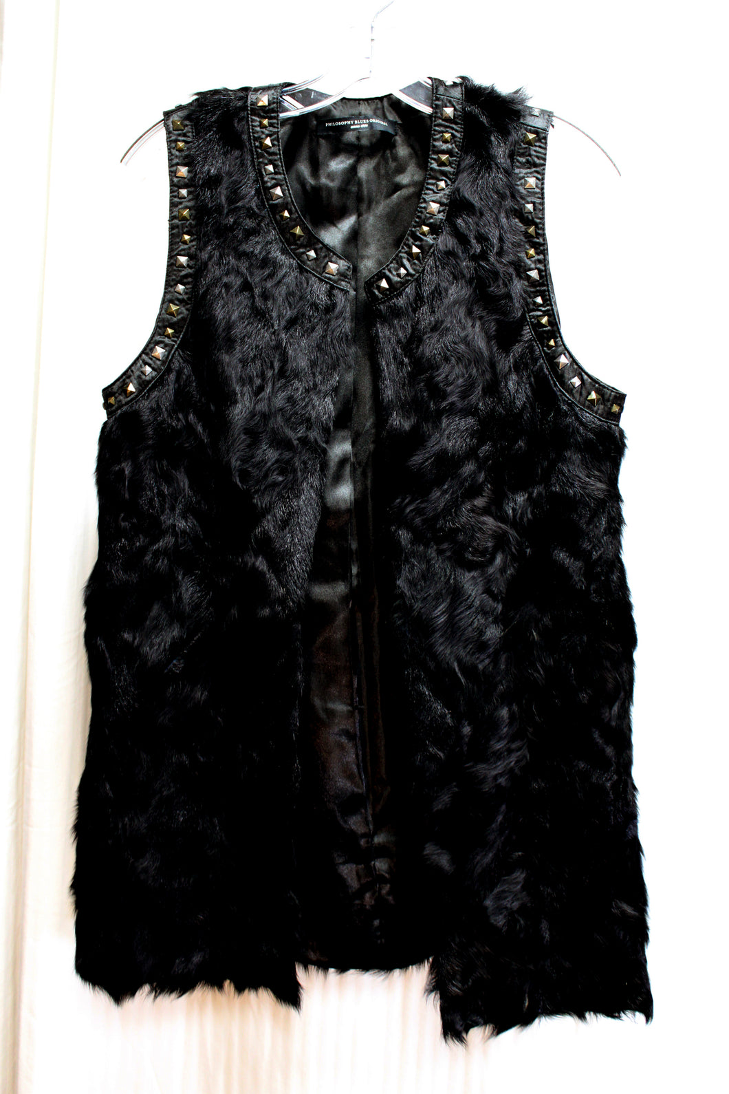 Philosophy Blues Original (Denmark) - Black Lamb Fur w/ Stud Detailing Tunic Vest - Size 38 (Approx M, See Measurements)