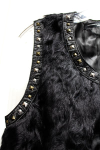 Philosophy Blues Original (Denmark) - Black Lamb Fur w/ Stud Detailing Tunic Vest - Size 38 (Approx M, See Measurements)