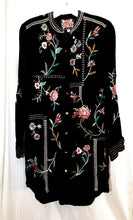 Load image into Gallery viewer, Johnny Was - Black Silk Blend Embroidered Velvet - Long Sleeve, Button Front Tunic/Mini Dress - Size XS