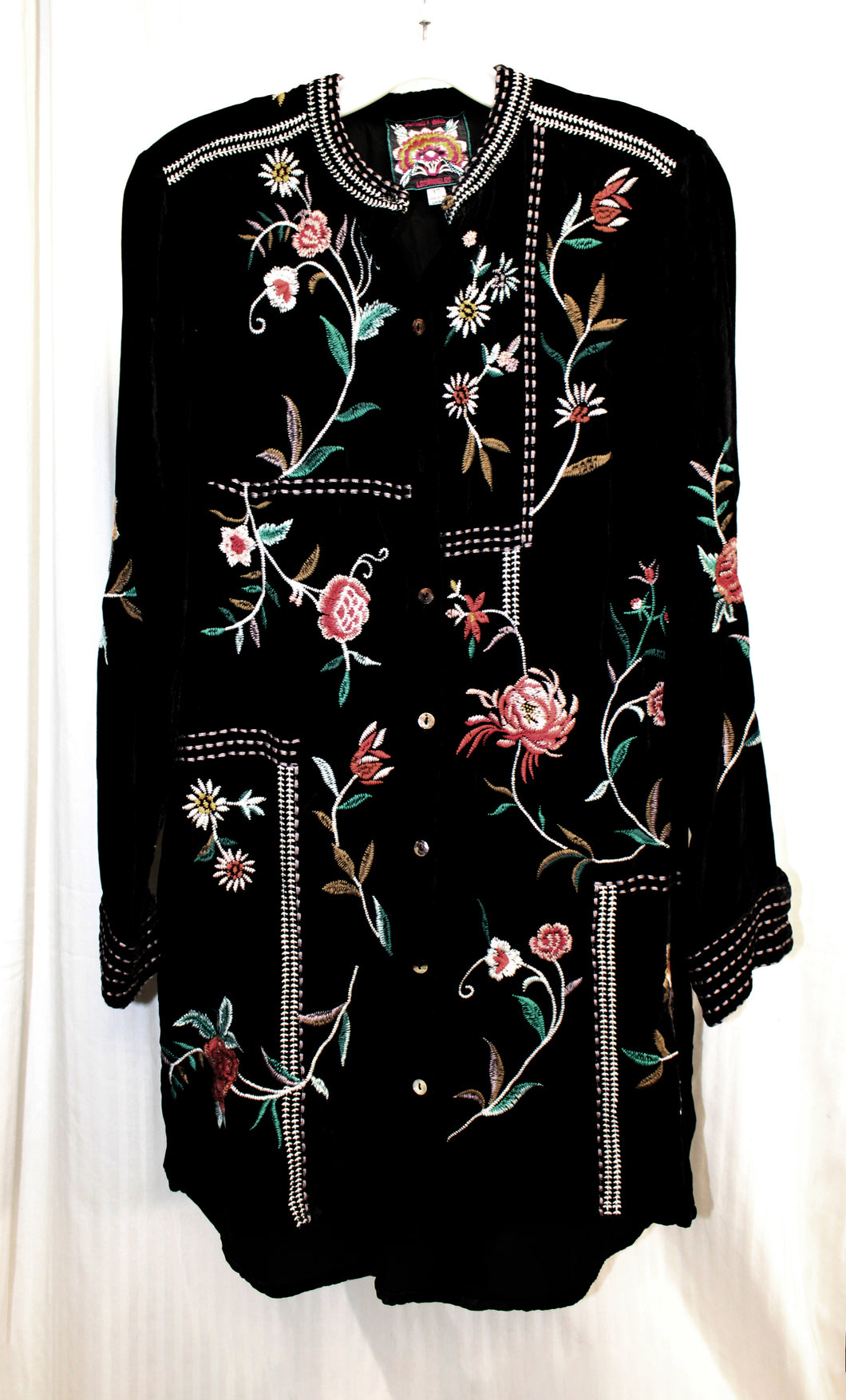 Johnny Was - Black Silk Blend Embroidered Velvet - Long Sleeve, Button Front Tunic/Mini Dress - Size XS