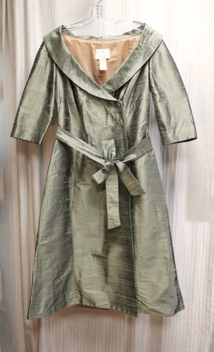 Vintage - Watters & Watters - 100% Silk, Sage Green Tie Waist Faux Wrap Front Dress - Size 10