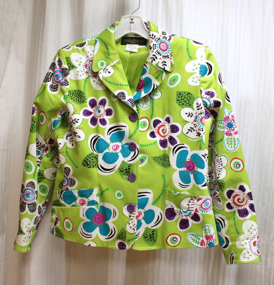 Vintage - Harve Benard By Benard Holtzman - Spring Green w/ Graphic Floral Blazer Jacket - Size: 10 Petite