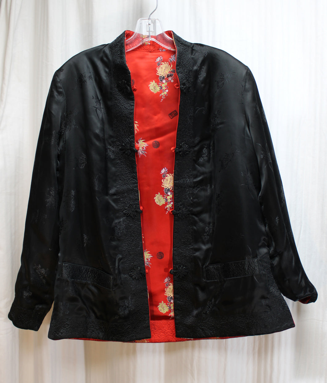 Vintage - Peony - Black & Red Reversible Satin Jacket - Size XL (See Measurements)