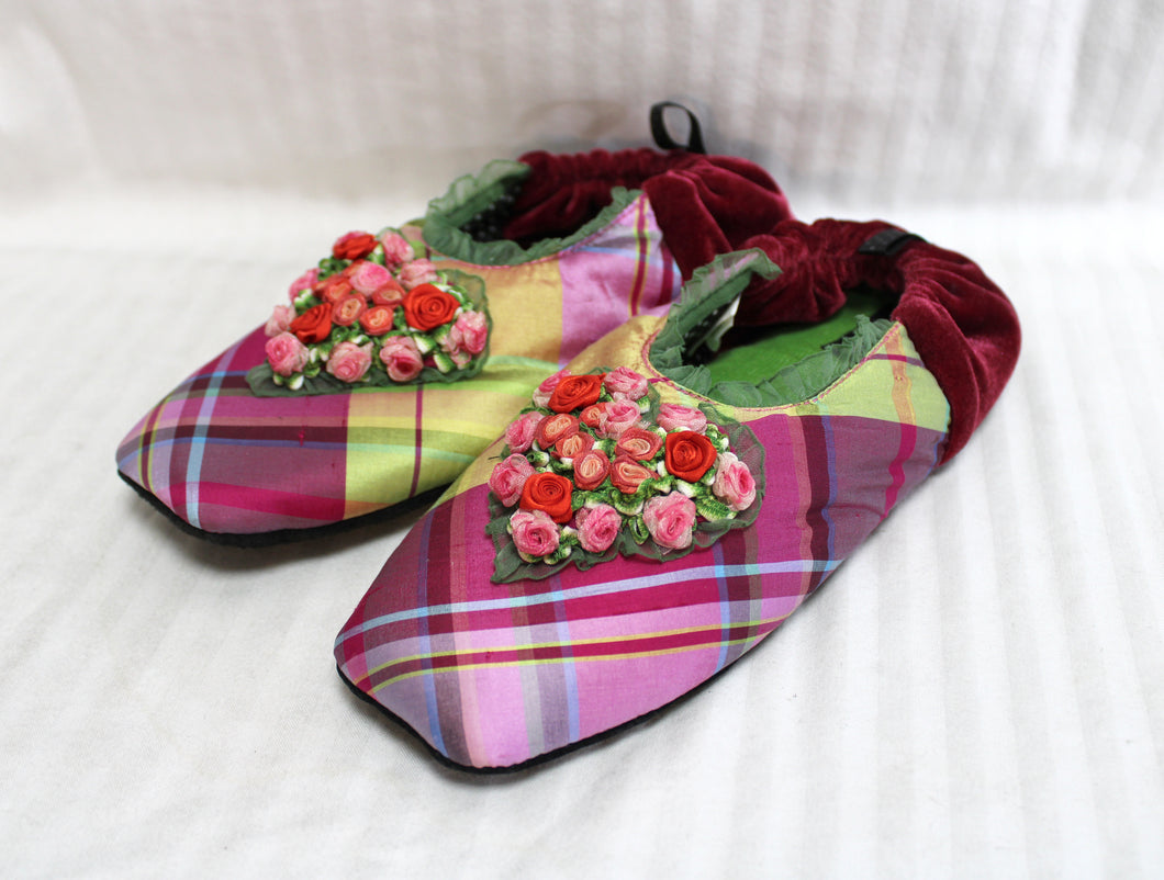 Goody Goody - 100% Silk Satin & Velvet w/ Ribbon Roses, House Shoes/Slippers - Size M (see Measurements)