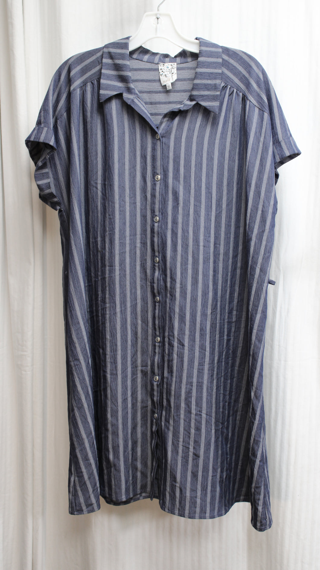 Naif - Blue Stripe, Lightweight Short Sleeve, Button Front Short Shirt Dress - Size XL