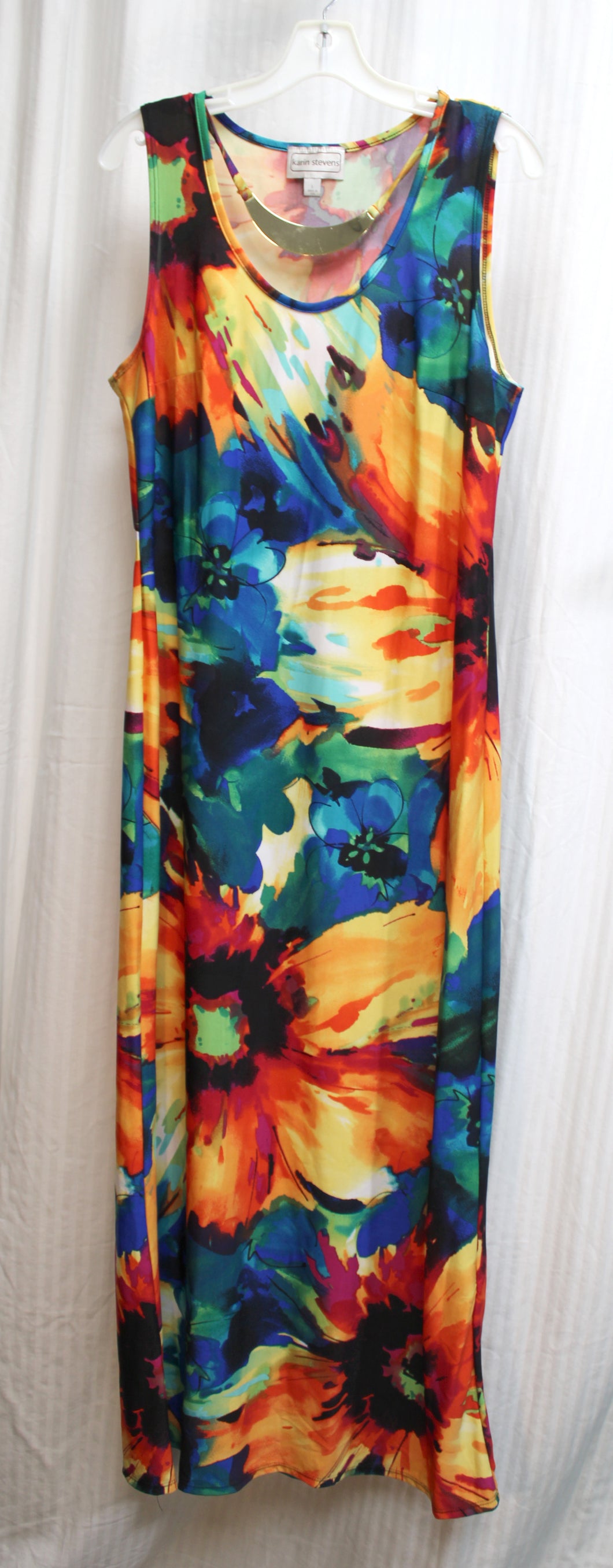 Vintage- Karin Stevens - Colorful Abstract Floral Sleeveless Maxi Dress w/ Removeable 