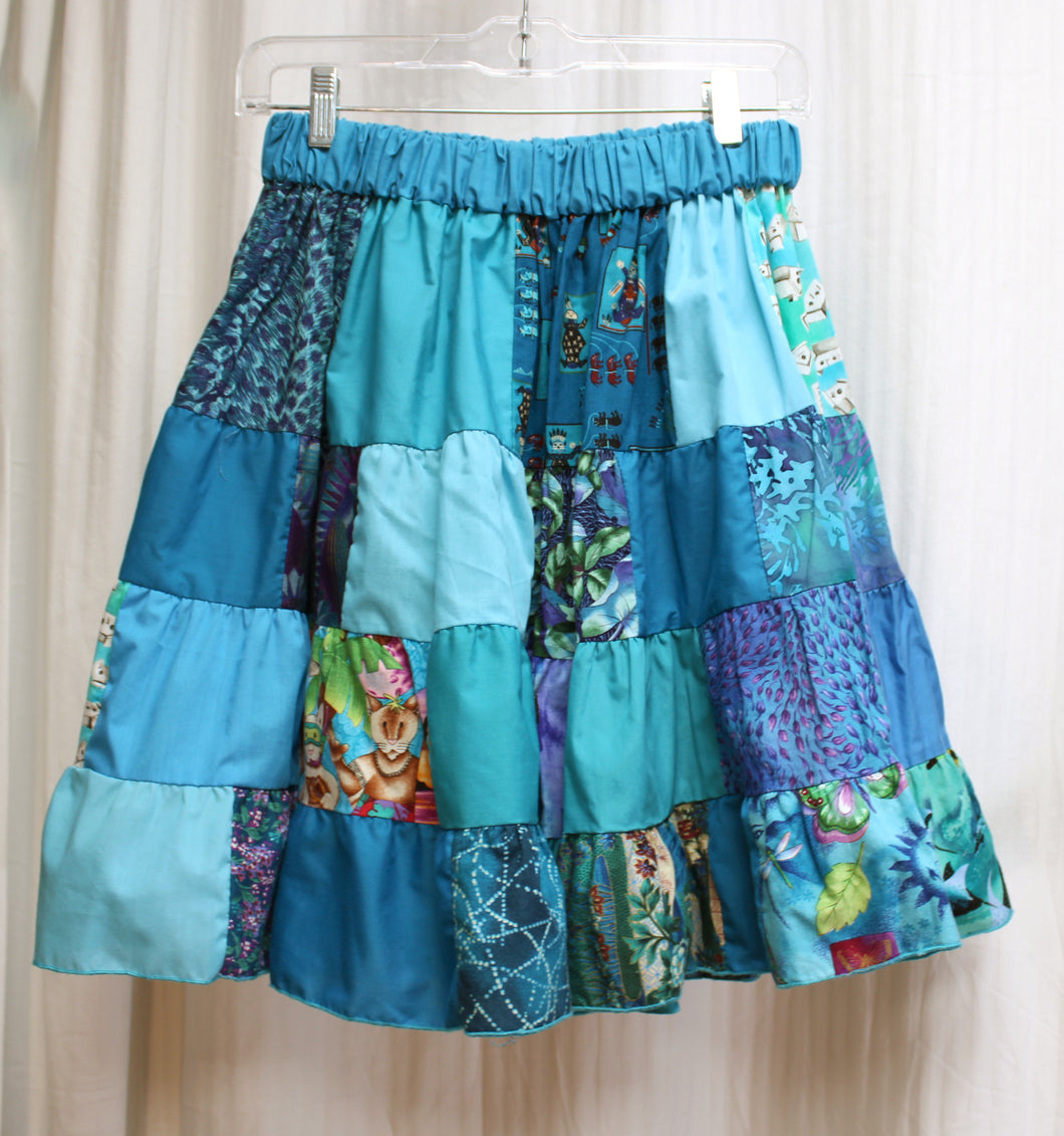Vintage - Handmade - Blue Whimsical (Cats, Bird Houses, Flowers) Patchwork Full Skirt - See Measurements - 24