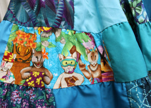 Vintage - Handmade - Blue Whimsical (Cats, Bird Houses, Flowers) Patchwork Full Skirt - See Measurements - 24" Unstretched Waist