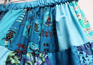 Vintage - Handmade - Blue Whimsical (Cats, Bird Houses, Flowers) Patchwork Full Skirt - See Measurements - 24" Unstretched Waist