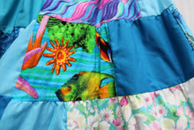 Load image into Gallery viewer, Vintage - Handmade - Blue Whimsical (Cats, Bird Houses, Flowers) Patchwork Full Skirt - See Measurements - 24&quot; Unstretched Waist