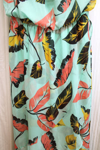 Express - Mint Green Tropical Print, Crinkle Chiffon Ruffle Elastic Waist, High Low Maxi Dress - Size L