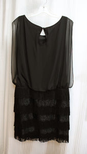 Aiden Mattox - Black Sleeveless Blousy Chiffon Over Lining, Lace & Fringe Drop Waist Cocktail Dress - Size 12