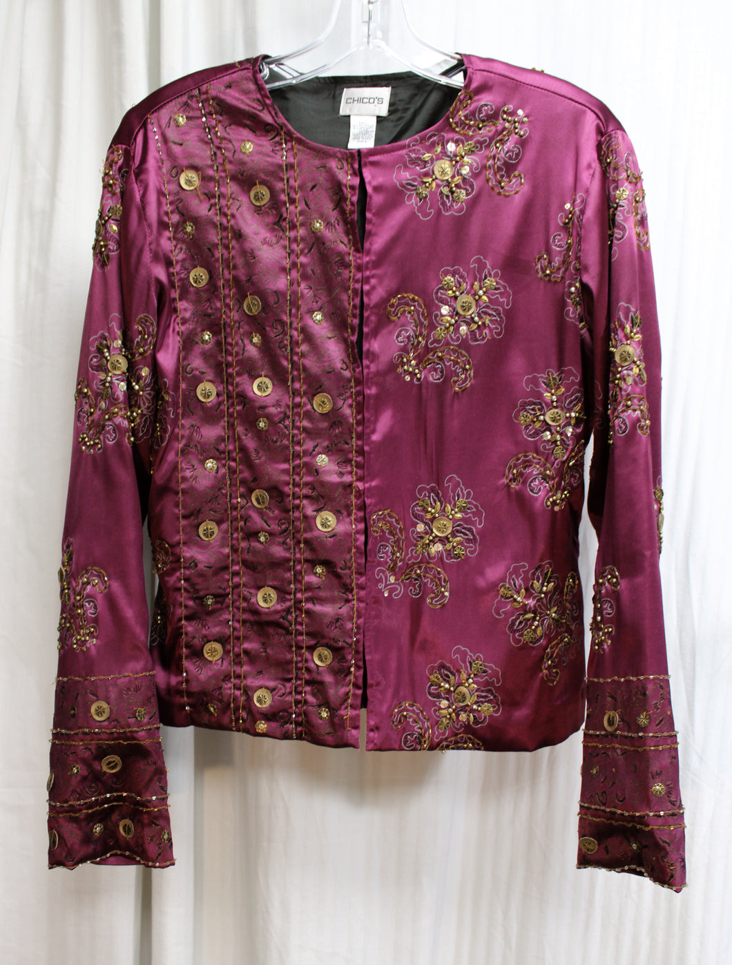 Chico's - Purple Collarless Satin Jacket w/ Bronze Embroidery & Beading - Size 0 (Chico's Sizing = S/4)