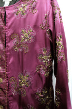 Load image into Gallery viewer, Chico&#39;s - Purple Collarless Satin Jacket w/ Bronze Embroidery &amp; Beading - Size 0 (Chico&#39;s Sizing = S/4)