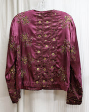 Load image into Gallery viewer, Chico&#39;s - Purple Collarless Satin Jacket w/ Bronze Embroidery &amp; Beading - Size 0 (Chico&#39;s Sizing = S/4)