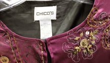 Load image into Gallery viewer, Chico&#39;s - Purple Collarless Satin Jacket w/ Bronze Embroidery &amp; Beading - Size 0 (Chico&#39;s Sizing = S/4)