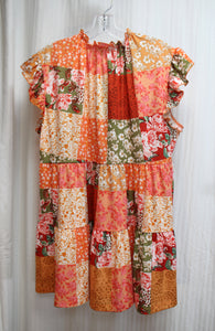 Sunshine & Rodeos - Patchwork Print Oversized Short Ruffle Sleeve A-Link Long Top -Size M  (w/ TAGS)