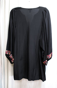 Joie - Black 100% Silk, 3/4th Balloon Sleeve, Embroidered V-Neck Tunic Mini Dress - Size 2