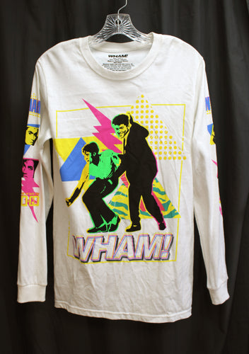 Wham! (Official, Out of Print)- White Long Sleeve - Wake Me Up Before You Go-Go - Front & Sleeves Graphics T-Shirt - Size S