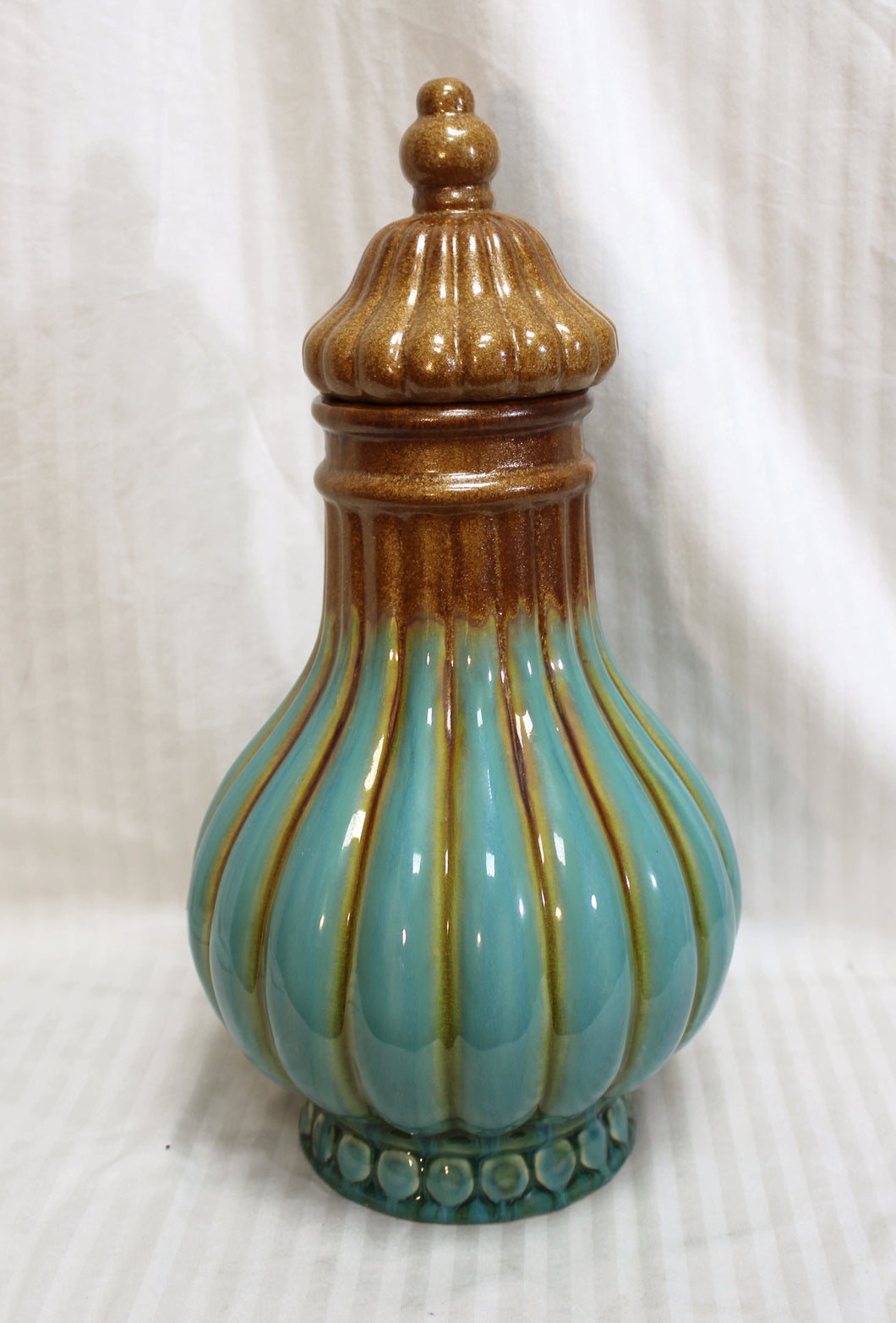 Vintage Mid Century  Teal & Brown Glazed Ceramic Vase w/ Lid -16.5