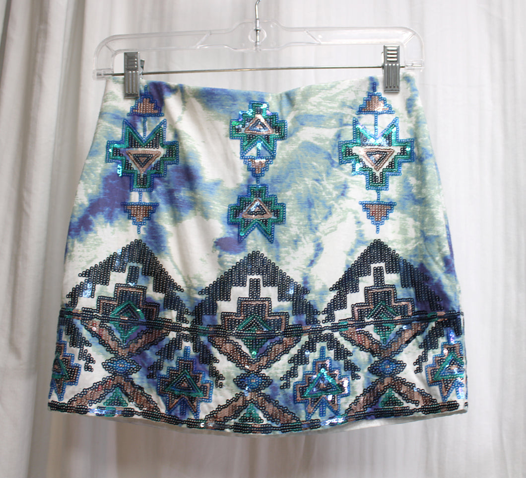 Express - Tie Dye w/ Southwest Geometric Sequin Pattern, Mini Skirt - Size XS