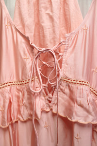 Lulus - Pink Adjustable Spaghetti Strap Satin w/ Embroidery & Ruffle Overside Baby Doll Dress - Size M