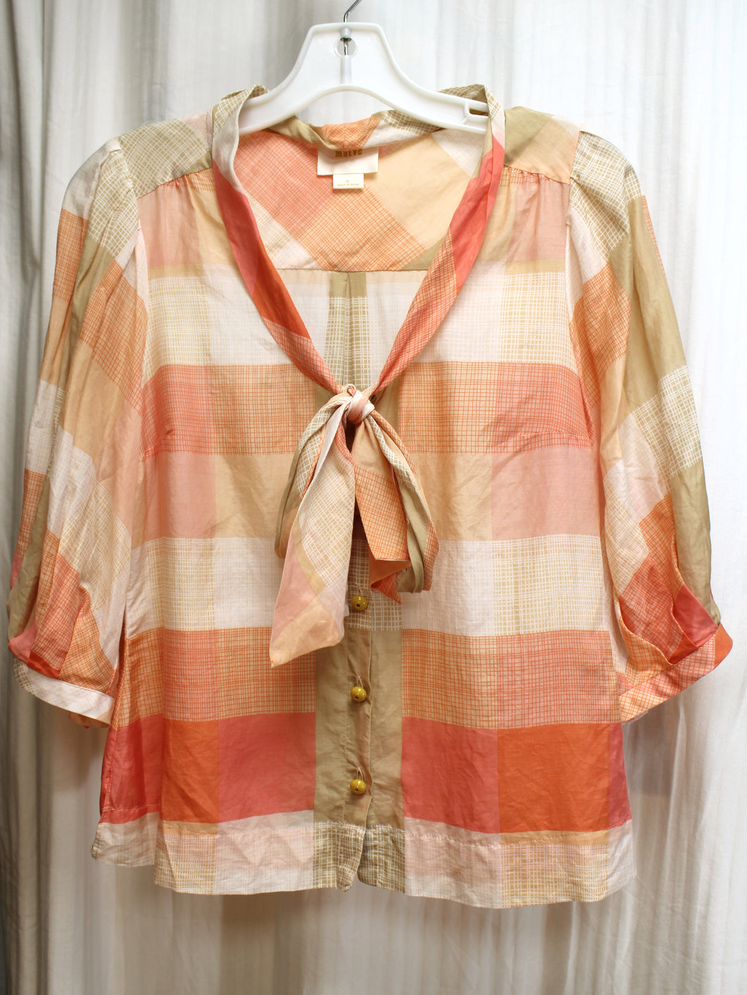 Maeve - Lightweight Orange, Tan & Blush Cotton/Silk Blend Bow Neck 1/2 Sleeve Blouse - Size 0