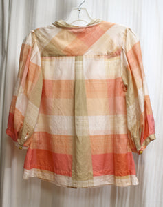 Maeve - Lightweight Orange, Tan & Blush Cotton/Silk Blend Bow Neck 1/2 Sleeve Blouse - Size 0