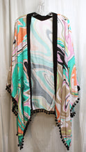 Load image into Gallery viewer, Trina Turk - Multicolor Swirl Pattern Open Front Poncho/Kimono w/ Black Tassel Trim - One Size