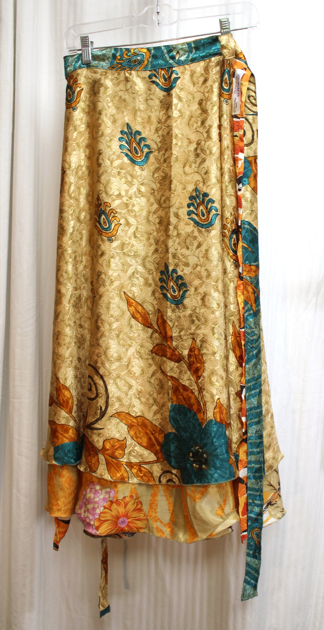 Darn Good Yarn - Silk Reversible  Teal & Gold / Orange & Golden Floral Sari Wrap Skirt - Sizes 4-12