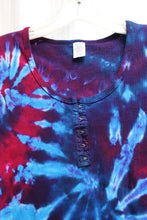 Load image into Gallery viewer, Dharma Trading  - Scarlet &amp; Blue Tie Dye, Short Sleeve Henley Ribbed T-Shirt Mini Dress - Size S