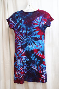 Dharma Trading  - Scarlet & Blue Tie Dye, Short Sleeve Henley Ribbed T-Shirt Mini Dress - Size S