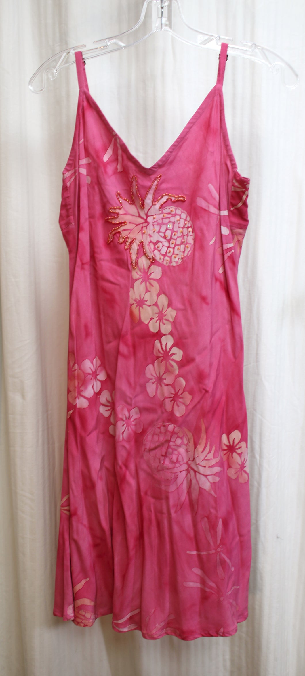 Tropical Tantrum - Pink Tropical Adjustable Spaghetti Strap Short Dress w/ Beading - Size M