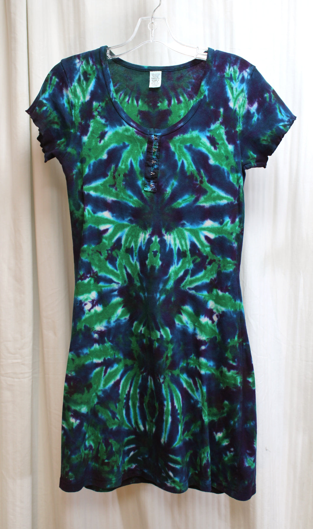 Dharma Trading  - Blue & Green Tie Dye, Short Sleeve Henley T-Shirt Mini Dress - Size S