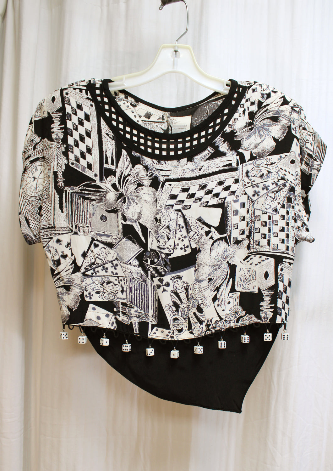 Vintage 80's - Platinum by Dorthy Schoelen - Black & White Travel/Gambling Motif Oversized Cropped Top w/ Dice Front 