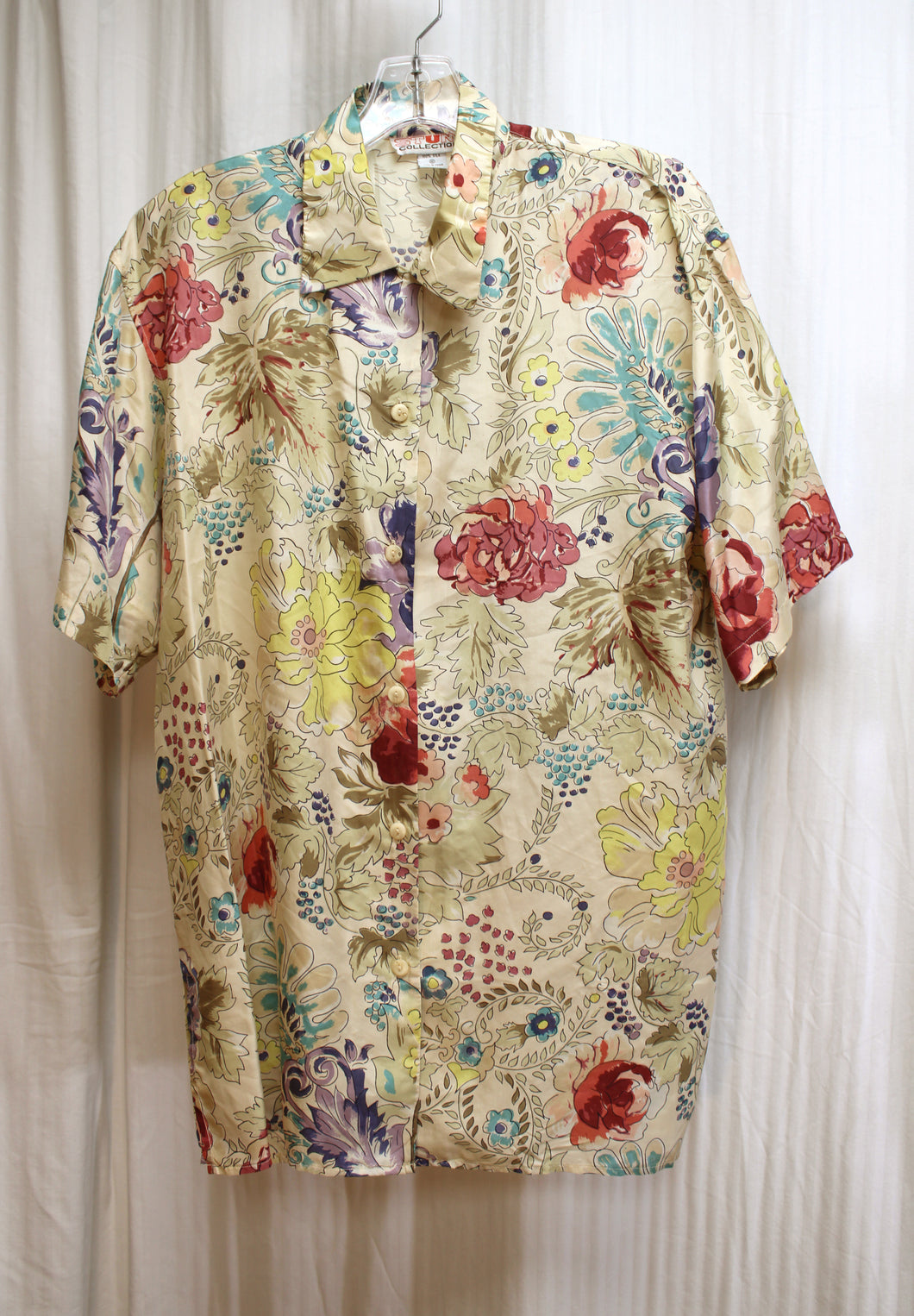 Vintage - Stunt Collections - Oversized, 100% Silk Watercolor Floral Short Sleeve Button Front Shirt - Size M