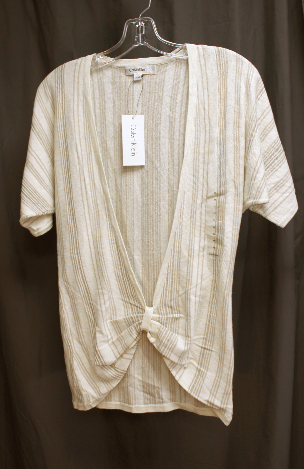 Calvin Klein - Light Weight Off White & Taupe Vertical Stripe, Deep V Gathered Front Knit Tunic Sweater- Size XS (w/ Tags)