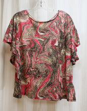 Load image into Gallery viewer, Ruby Rd. - Pinks &amp; Earth Tones Abstract Ruffle Flutter Short Sleeve Top - Size L