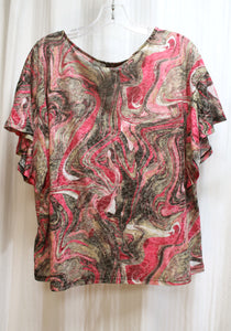 Ruby Rd. - Pinks & Earth Tones Abstract Ruffle Flutter Short Sleeve Top - Size L