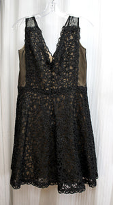 Tadashi Shoji - Black over Tan, V-Neck Chainmail Lace Cocktail Dress - Size 6