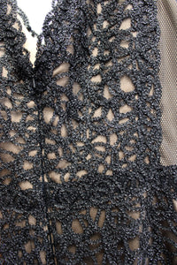 Tadashi Shoji - Black over Tan, V-Neck Chainmail Lace Cocktail Dress - Size 6