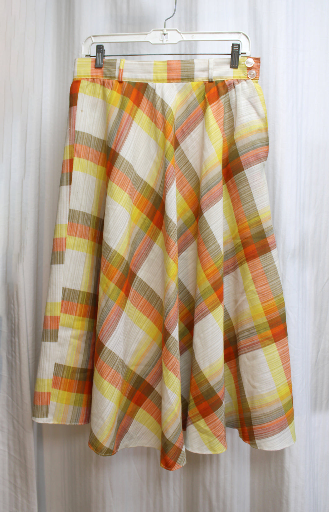 Vintage - White, Orange, Yellow and Brown Plaid A Line Skirt - See Measurements 28