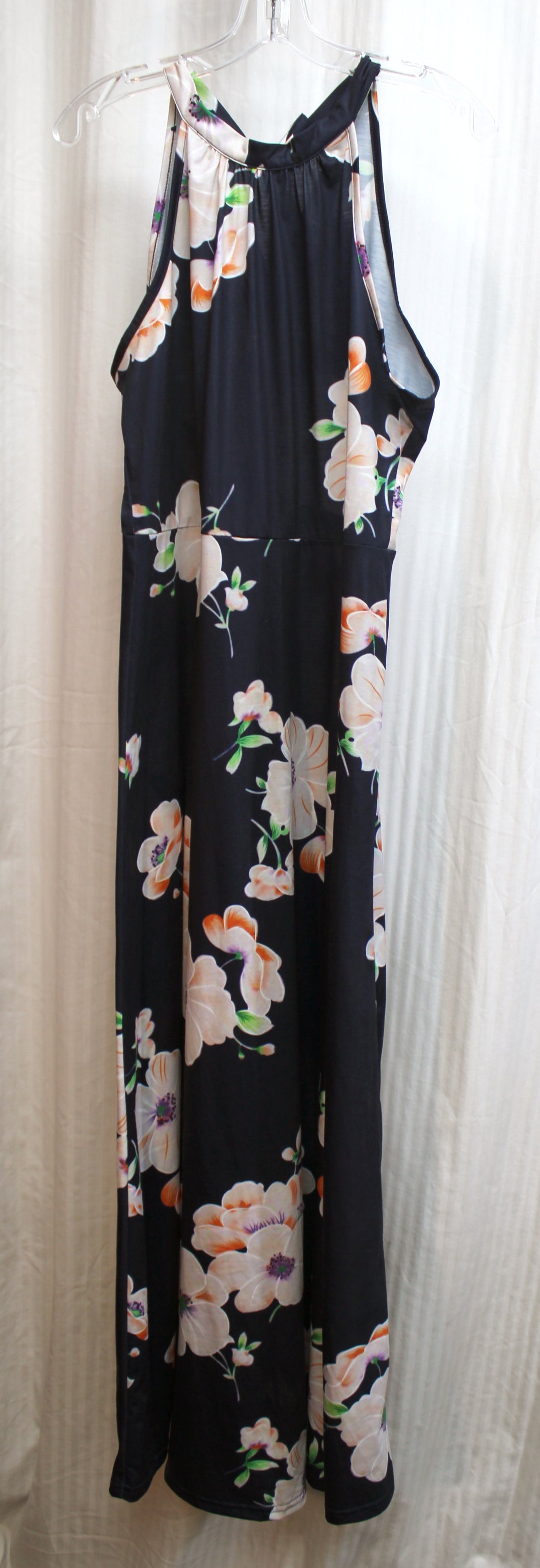 Vintage 70's - Navy Floral Semi Halter Sleeveless Maxi Dress - Size XL (approx, See Measurements)