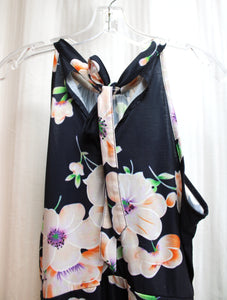 Vintage 70's - Navy Floral Semi Halter Sleeveless Maxi Dress - Size XL (approx, See Measurements)