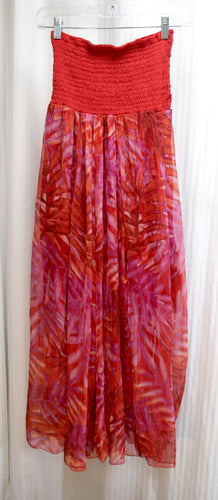 Vintage - Hibiscus Collection Hawaii - Red & Purple Elastic Ruched Waist/Chest Tropical Print Semi Sheer Maxi Skirt/Strapless Dress - One Size